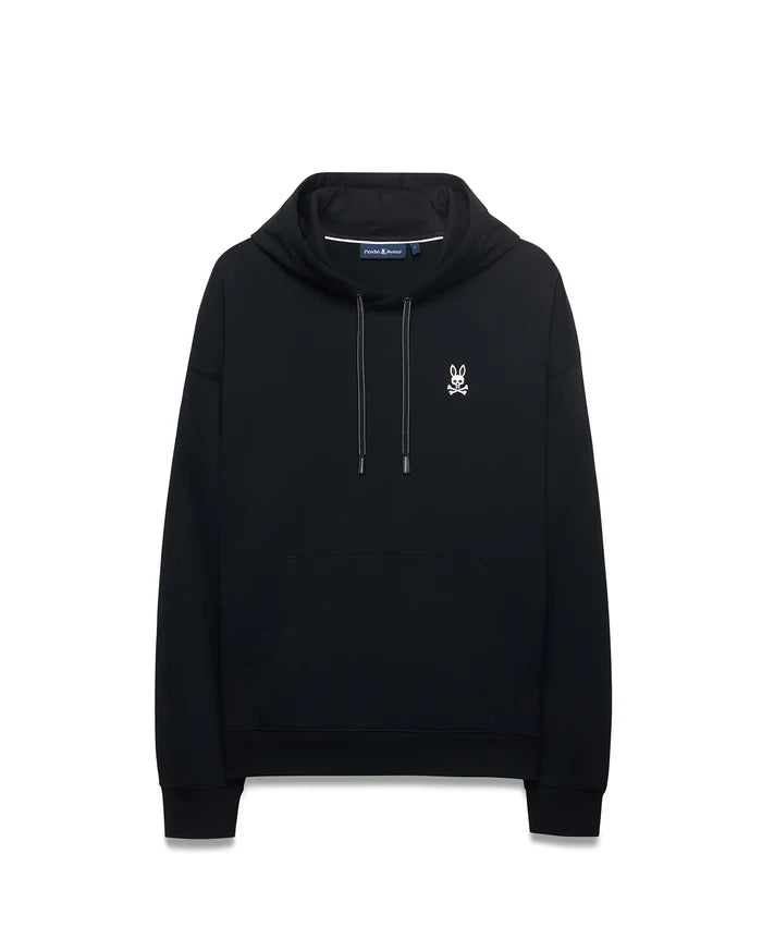 Black Mens Terrence Fleece Hoodie, relaxed fit, with a small white embroidered Psycho Bunny skull logo on the left chest, speckled drawstrings, and a kangaroo pocket.