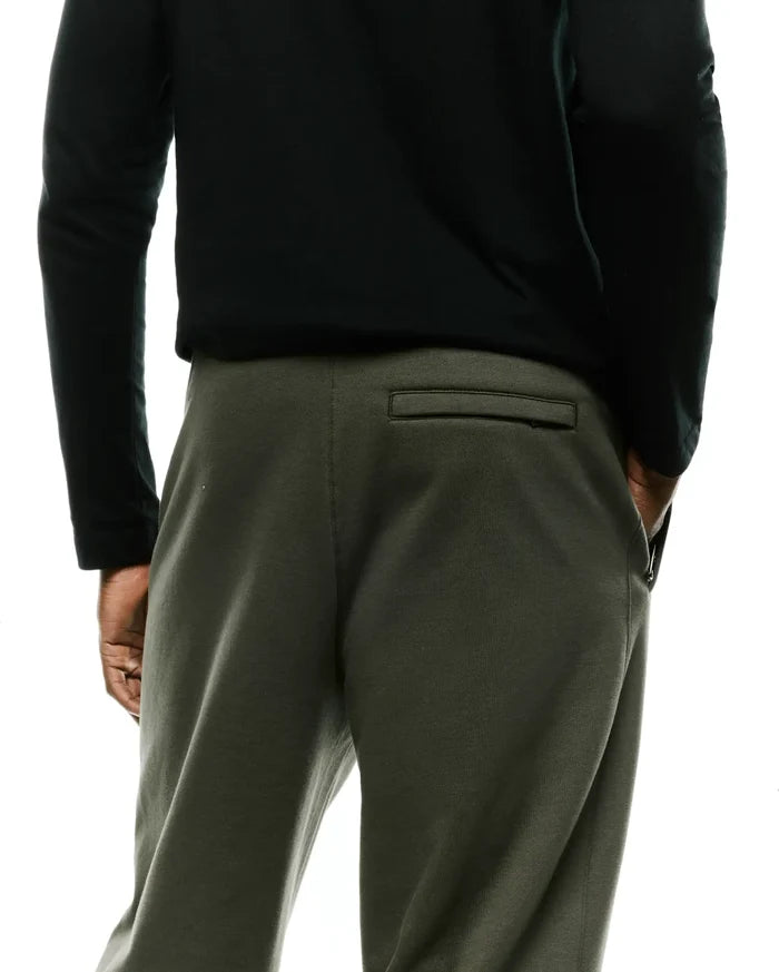 Mens Terrence Brushed Fleece Sweatpant in olive green, featuring a soft brushed fleece texture, relaxed fit, and a sleek back welt pocket with subtle side zipper detail.