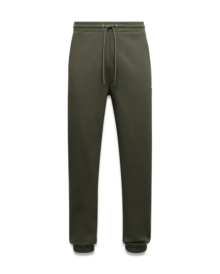 Mens Terrence Brushed Fleece Sweatpant in dark olive green, relaxed fit, soft brushed texture, elastic waist with light grey drawstrings, ribbed cuffs, and small white embroidered Psycho Bunny skull logo on left thigh.