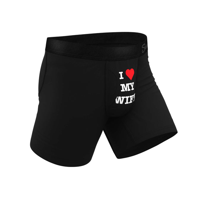 side view Shinesty Men's black pouch underwear with "I heart My Wife" on front. Soft MicroModal blend, quick-access fly, no-ride legs, tagless, silky waistband. Sizes S–XXL.