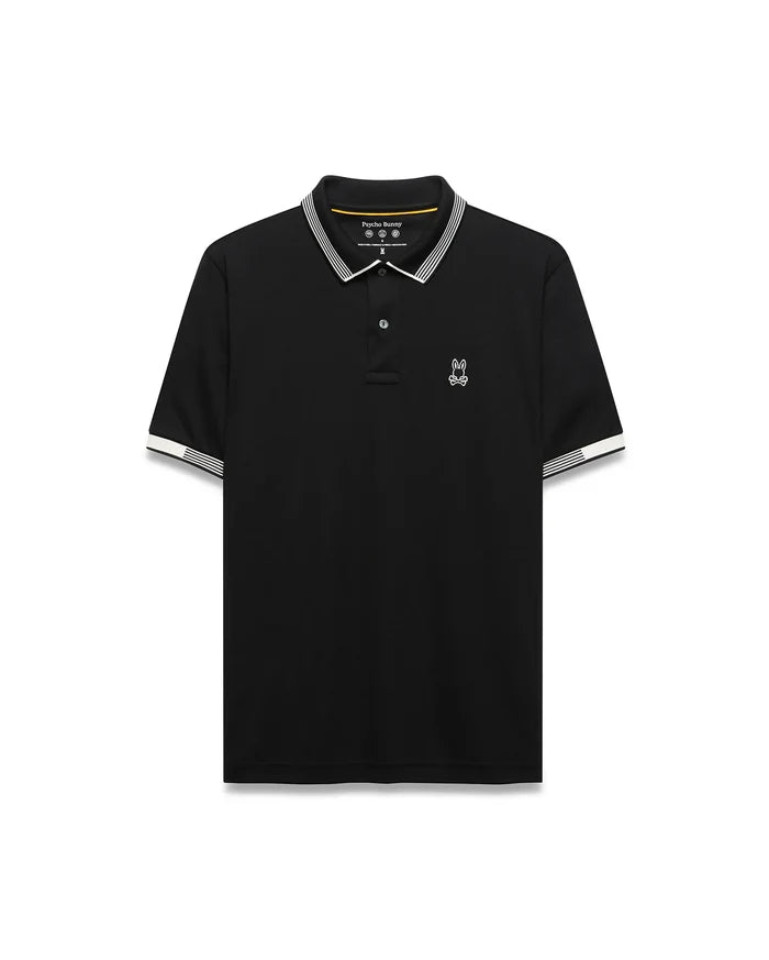 Mens Timmy Interlock Polo, a classic fit black interlock knit polo shirt with white striped collar and cuffs, featuring a small white embroidered Psycho Bunny skull logo on the left chest.
