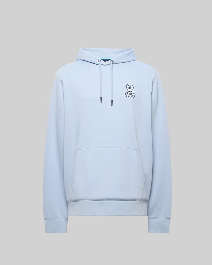 Mens Timothy 4k Bunny Hoodie, light blue classic fit hoodie in soft jersey fabric, featuring a small embroidered navy and white Psycho Bunny skull logo on the left chest, drawstring hood, and kangaroo pocket.
