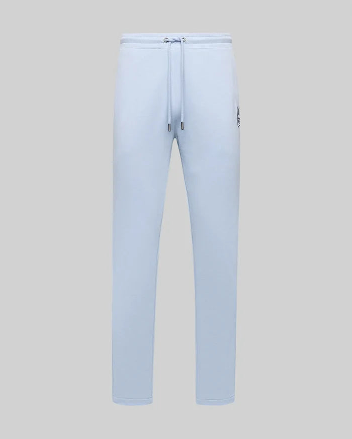 Light blue Mens Timothy 4k Bunny Jogger in a relaxed fit, featuring smooth jersey fabric, drawstring waist, and a small embroidered dark blue Psycho Bunny skull logo on the left thigh.