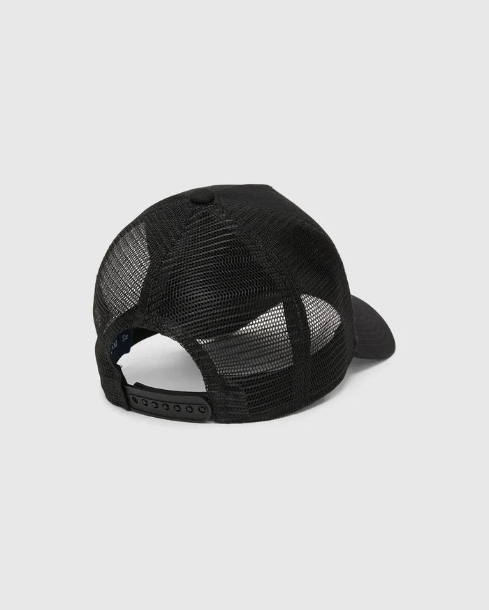 Mens Tobias Trucker Cap, black with breathable mesh back panels, solid front, and an adjustable snapback closure, featuring the iconic Psycho Bunny skull logo.