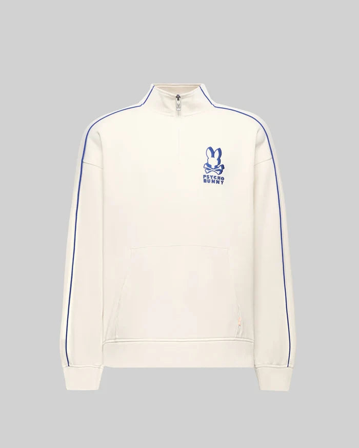 Mens Toby 1/4 Zip in cream French terry, relaxed fit, with blue vertical sleeve piping, a kangaroo pocket with orange tag, and an embroidered blue Psycho Bunny logo on the left chest.