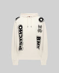 Mens Toby Oversized Hoodie in cream, crafted from soft jersey, featuring bold black PSYCHO and BNY block letter graphics, a large O on the shoulder, and the iconic Psycho Bunny skull logo on the chest.