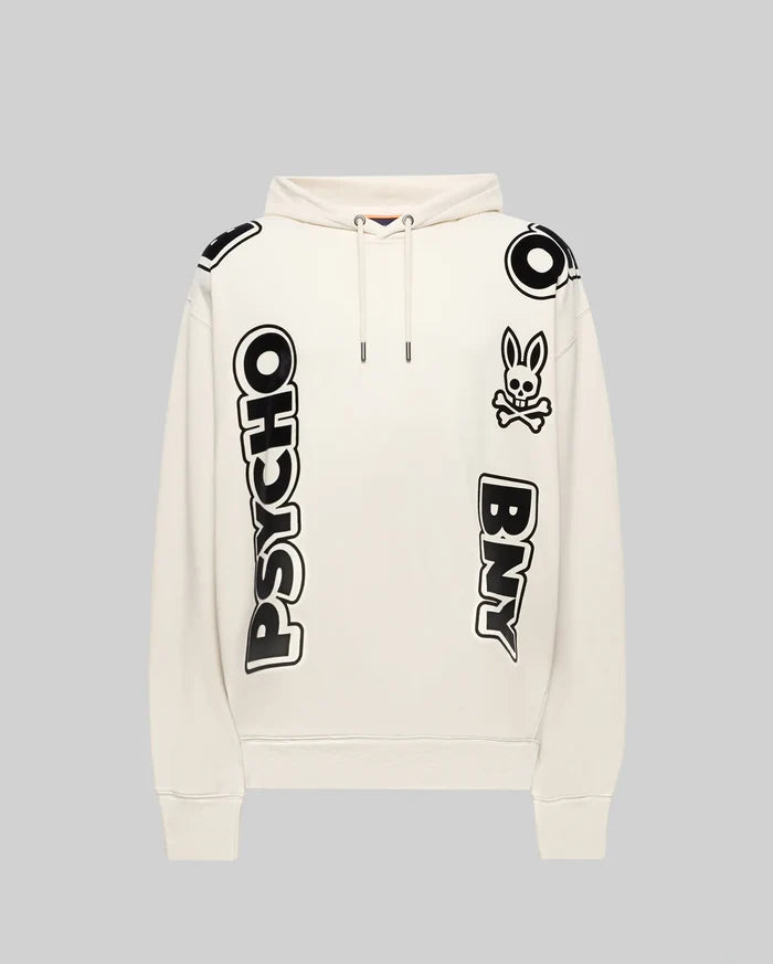 Mens Toby Oversized Hoodie in cream, crafted from soft jersey, featuring bold black PSYCHO and BNY block letter graphics, a large O on the shoulder, and the iconic Psycho Bunny skull logo on the chest.