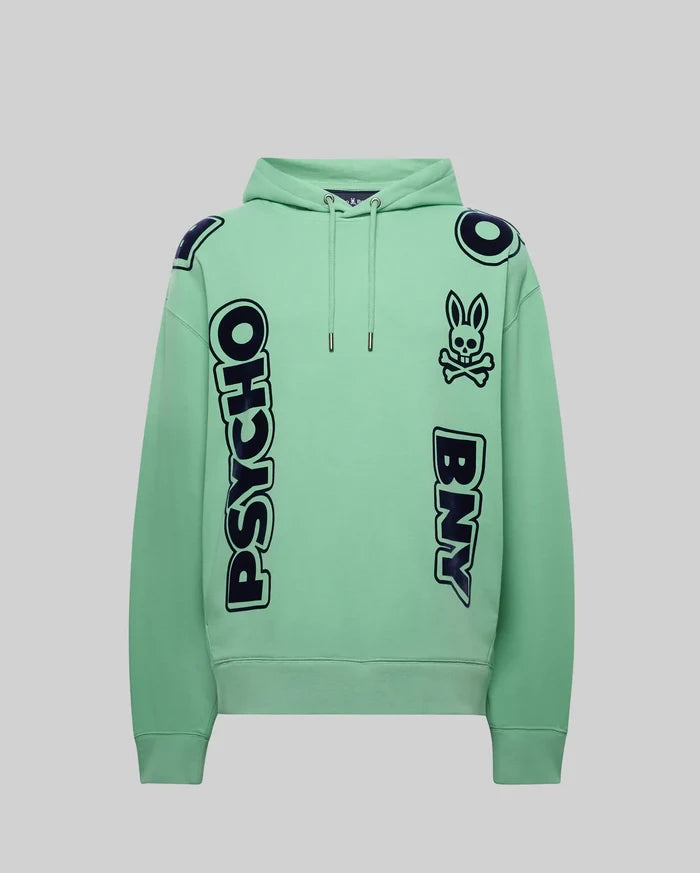 Mens Toby Oversized Hoodie in mint green French terry, featuring bold navy vertical PSYCHO text on the left, BNY text on the right, and a large bunny skull logo on the chest.