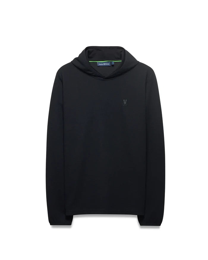 Mens Tomas Waffle Hoodie, black waffle knit, classic fit, with a small tonal embroidered Psycho Bunny skull logo on the left chest and a green accented neck label.
