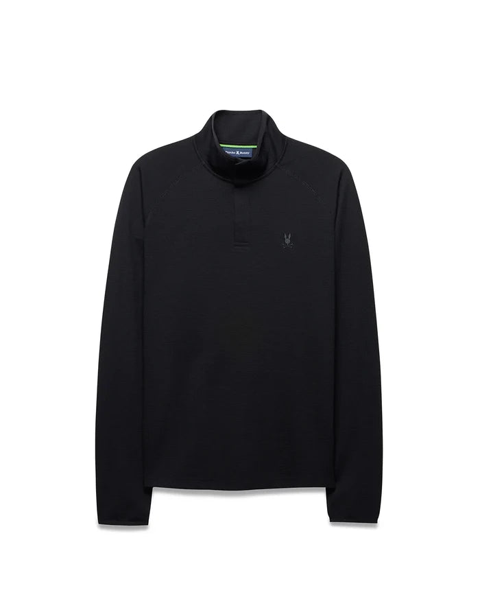Black Mens Tomas Waffle 1/4 Zip with a classic fit, featuring a subtle waffle knit texture, a stand-up collar with green accent lining, and a small tonal embroidered Psycho Bunny skull logo on the left chest.