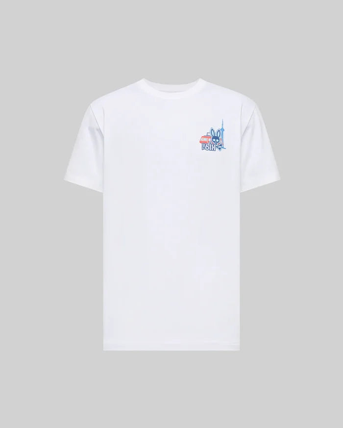 The Psycho Bunny MENS TORONTO TEE - B6U383F200 is a soft white Pima cotton short-sleeve shirt, featuring a colorful hometown hero graphic with text and illustrations on the upper left chest. Light gray background.