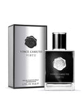 A bottle of Vince Camuto Men’s Virtu 1.7 oz Eau de Toilette Spray is displayed alongside its coordinating box, both adorned with a sleek black and silver design featuring the Vince Camuto logo and branding. This sophisticated men’s fragrance attracts attention with its aromatic scent, and the bottle contains 1.7 fl oz (50 mL) of eau de toilette spray.