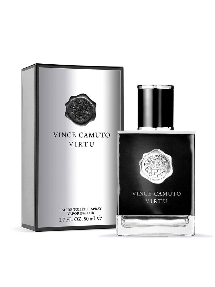 A bottle of Vince Camuto Men’s Virtu 1.7 oz Eau de Toilette Spray is displayed alongside its coordinating box, both adorned with a sleek black and silver design featuring the Vince Camuto logo and branding. This sophisticated men’s fragrance attracts attention with its aromatic scent, and the bottle contains 1.7 fl oz (50 mL) of eau de toilette spray.