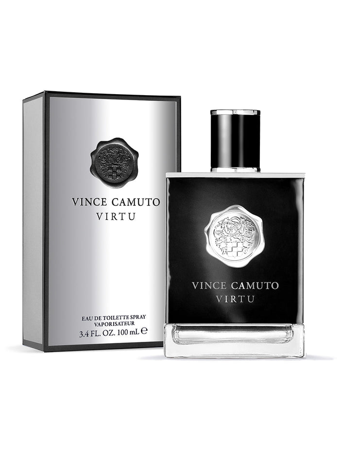 A sleek silver bottle and box of Vince Camuto Men’s Virtu 3.4 oz Eau de Toilette Spray, both adorned with a black seal and bold black text, offering a sophisticated men’s fragrance with a bold aromatic scent.