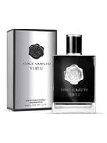 A sleek silver bottle and box of Vince Camuto Men’s Virtu 3.4 oz Eau de Toilette Spray, both adorned with a black seal and bold black text, offering a sophisticated men’s fragrance with a bold aromatic scent.