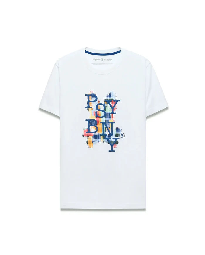 Mens Wes Graphic Tee, white classic fit soft jersey t-shirt with a large central pixelated PSYBNY graphic in blue, orange, red, and green, featuring a small Psycho Bunny logo.