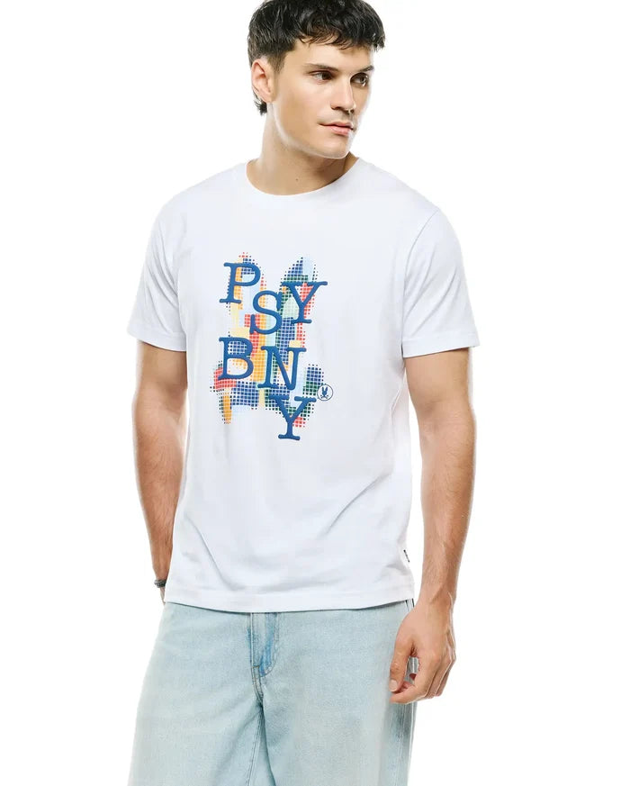 White Mens Wes Graphic Tee, classic fit, smooth jersey, featuring a large pixelated PSYCHO BUNNY chest graphic in blue over a colorful bunny skull shape, with a small embroidered logo at the hem.