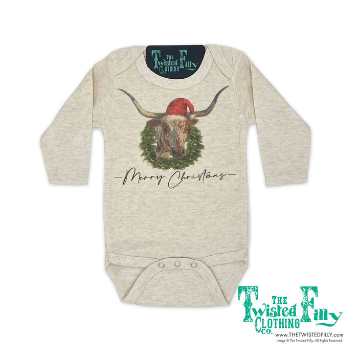 Merry Christmas Longhorn - L/S Infant One Piece - Oatmeal