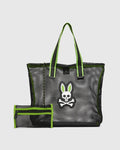 Black Mesh Tote Bag with vibrant neon green trim, featuring a prominent rubberized Psycho Bunny skull logo on the front and branded straps, paired with a matching zippered mesh pouch.