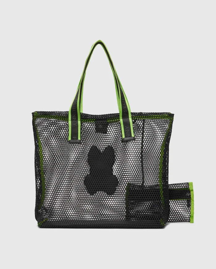 Black Mesh Tote Bag with neon green trim, straps featuring Psycho Bunny text, a large black skull logo, and a matching small mesh pouch.