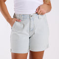 Mid Rise Striped Light Wash Bermuda Shorts