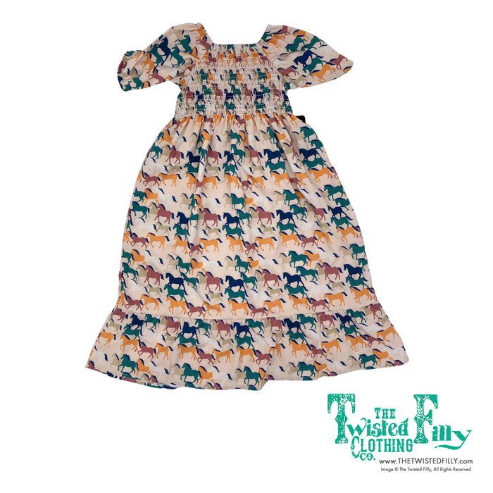 Short sleeve smocked dress with horse pattern