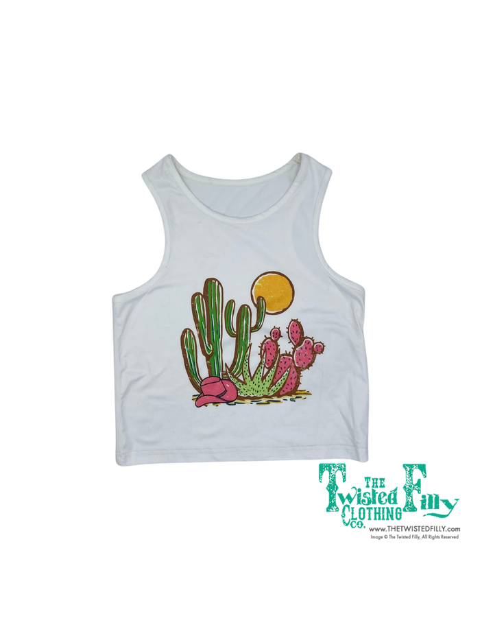 White tank top with cactus design on a white background, featuring the brand 'The Twisted Filly'.