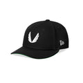 flatlay New Era 59Fifty Low Profile Hat in black with white wings logo, angled front view