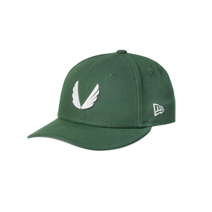 flatlay New Era 59Fifty Low Profile Hat in forest green with white wings logo, front view