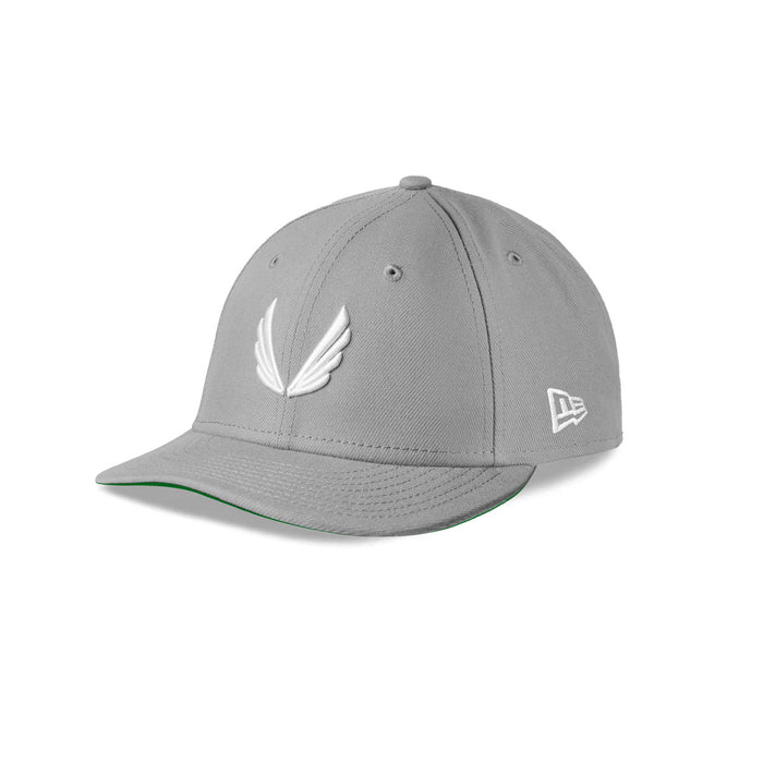 flatlay New Era 59Fifty Low Profile Hat in grey with white wings logo, front view