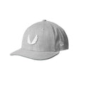 flatlay New Era 59Fifty Low Profile Hat in heather grey with white wings logo, front view