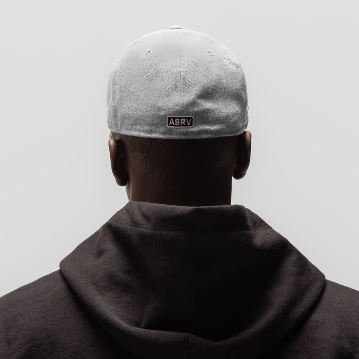New Era 59Fifty Low Profile Hat in heather grey, worn by model from back view