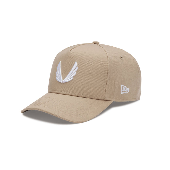 flatlay New Era 9Forty A-Frame Hat in beige with white wing logo, front view