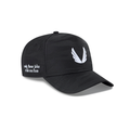 flatlay New Era 9Forty A-Frame Hat in black with white wing logo and text detail, front view