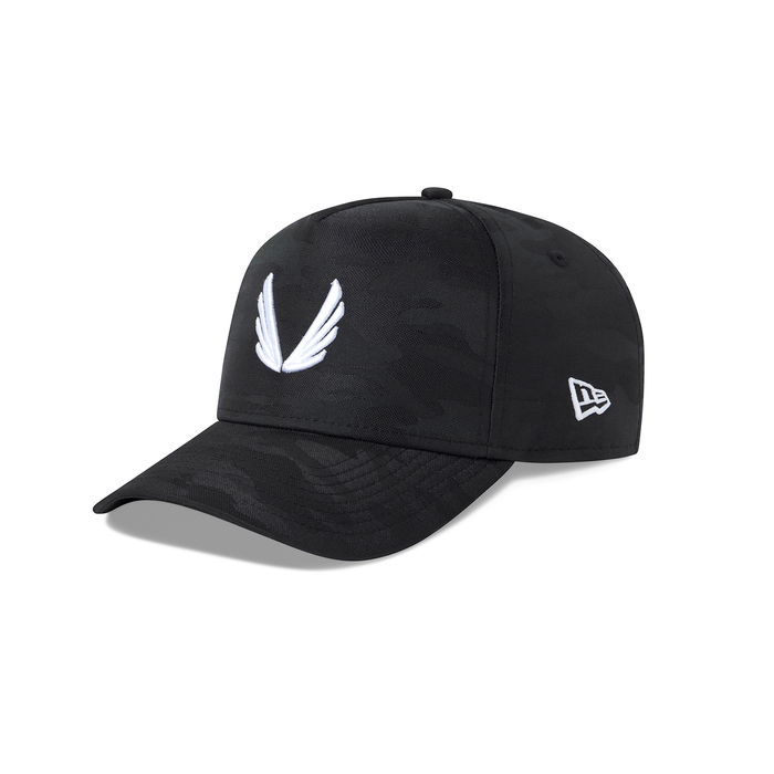 flatlay New Era 9Forty A-Frame Hat in black with white wing logo, angled view