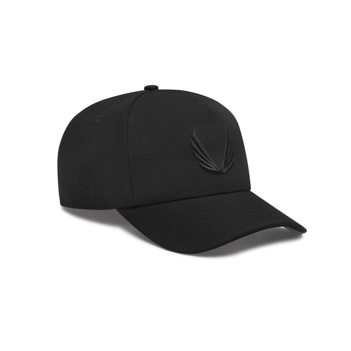 flatlay New Era 9Forty A-Frame Hat in black with embroidered logo, angled side view