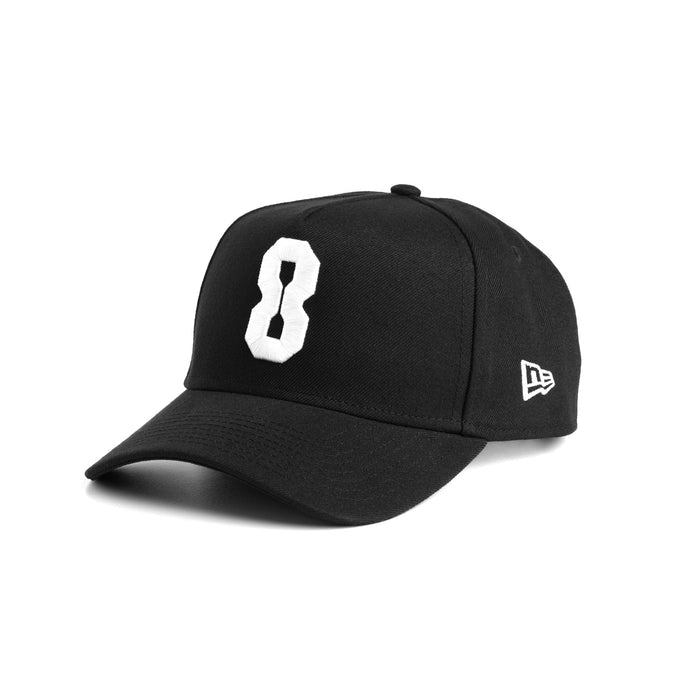 New Era 9Forty A-Frame hat in black with white '8' logo, front angle view