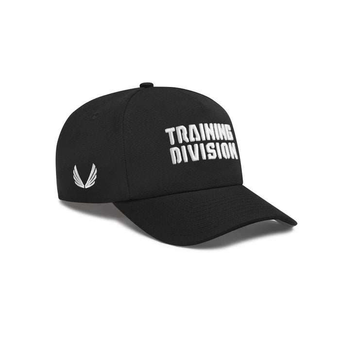 Flatlay of Black New Era 9Forty A-Frame hat with white 'Training Division' text, angled view