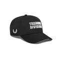Flatlay of Black New Era 9Forty A-Frame hat with white 'Training Division' text, angled view