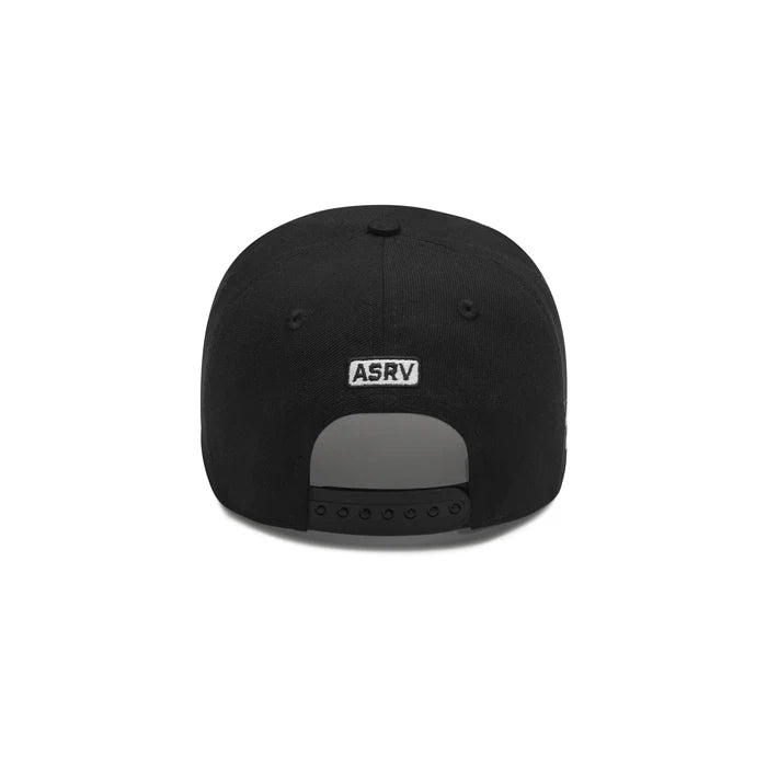 flatlay New Era 9Forty A-Frame Hat in black with white ASRV logo, back view