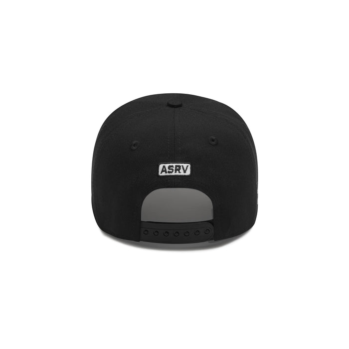flatlay New Era 9Forty A-Frame Hat in black with white ASRV label, back view