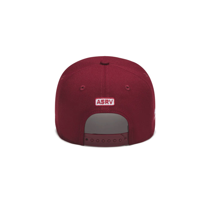 flatlay New Era 9Forty A-Frame Hat in crimson with white ASRV logo, back view