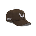 Flatlay of New Era 9Forty A-Frame Hat in dark earth with white wing logo, front angled view