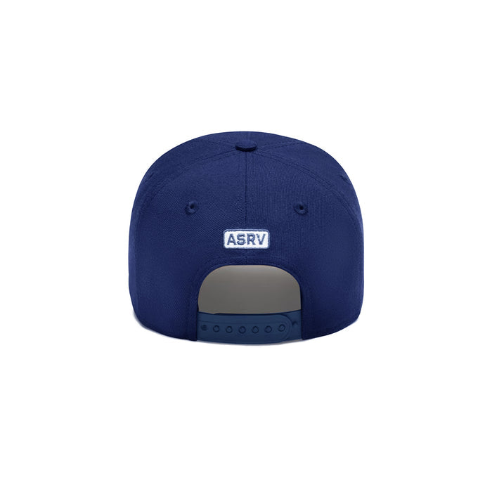 flatlay New Era 9Forty A-Frame Hat in deep blue with white ASRV logo, back view