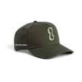 flatlay New Era 9Forty A-Frame Hat in faded olive with embroidered 8 logo, front view