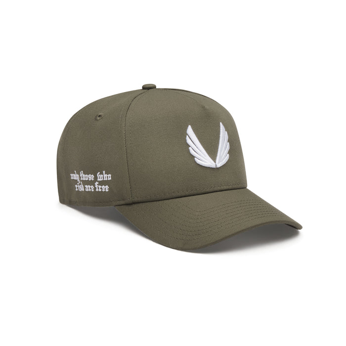 Flatlay New Era 9Forty A-Frame Hat in faded olive with white wing logo, angled side view