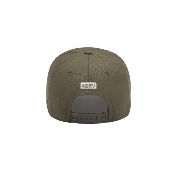 flatlay New Era 9Forty A-Frame Hat in faded olive and white, back view