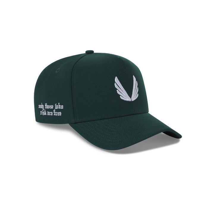 Flatlay of New Era 9Forty A-Frame Hat in forest green with white wing logo, angled product view