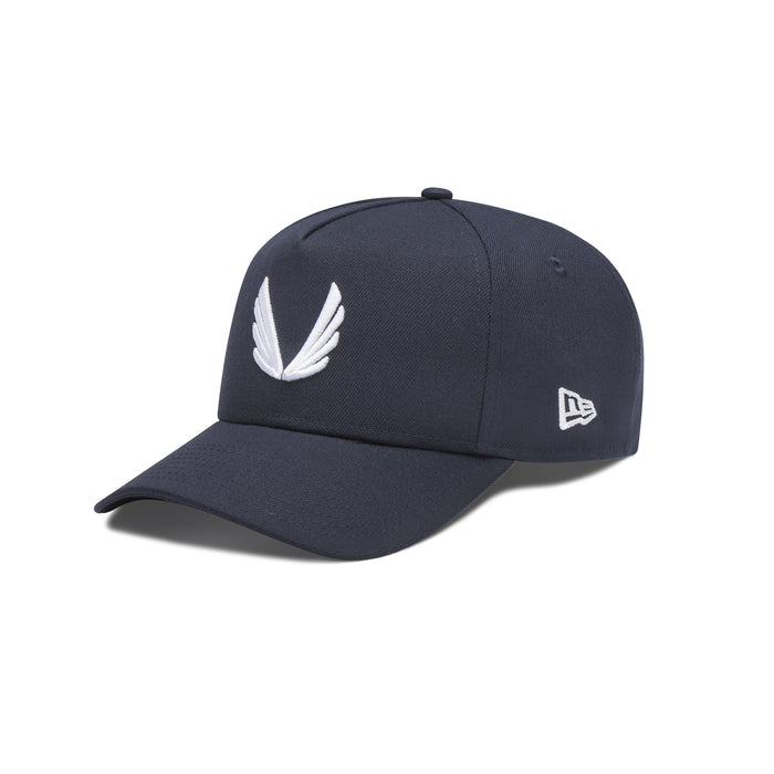 flatlay New Era 9Forty A-Frame Hat in navy with white wing logo, angled front view