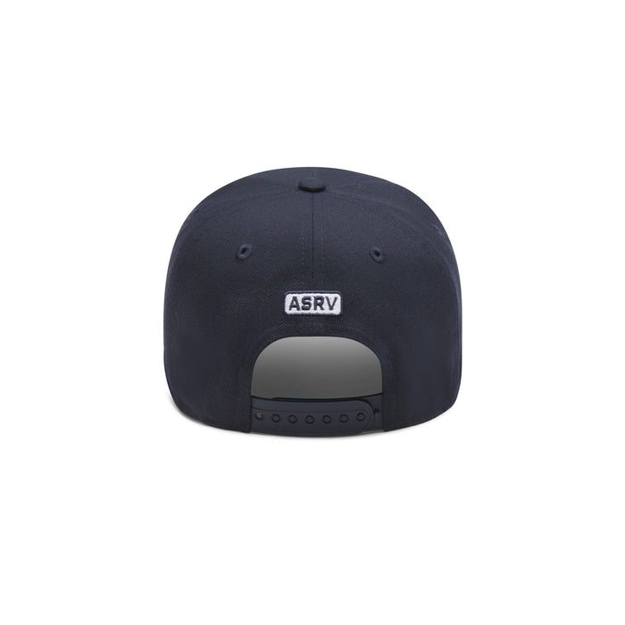 flatlay New Era 9Forty A-Frame Hat in navy with white ASRV logo, back view